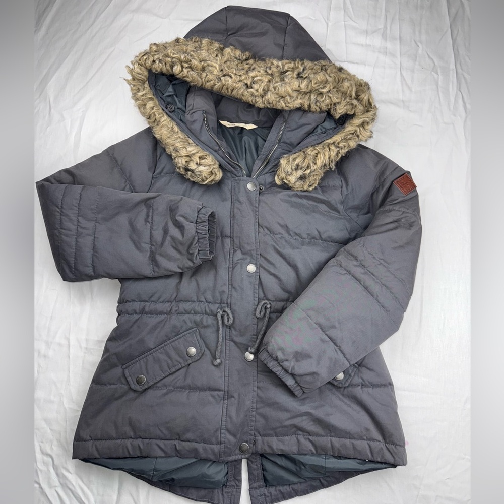 Hollister Charcoal Puffer Jacket with Faux Fur Hood